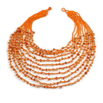 Statement Long Layered Multistrand Glass Bead and Semiprecious Stone Necklace In Orange - 84cm Long - main view