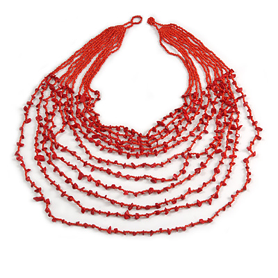 Statement Long Layered Multistrand Glass Bead and Semiprecious Stone Necklace In Red - 86cm Long