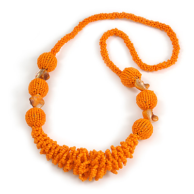 Chunky Orange Glass and Shell Bead Necklace - 70cm L