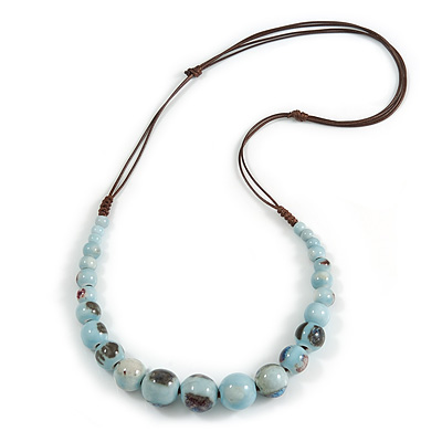 Light Blue Patterned Ceramic/ Clay Bead Brown Silk Cords Necklace - Adjustable - 60cm to 70cm Long