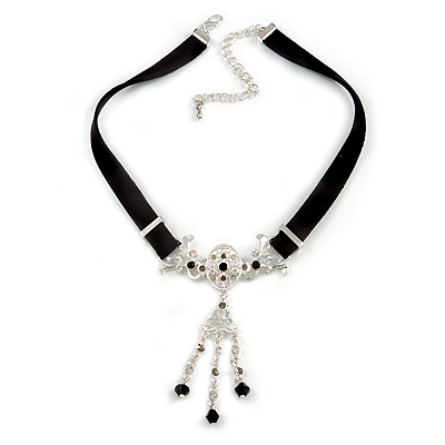 Victorian Black Suede Style Diamante Choker Necklace In Silver Tone Metal - 34cm L/ 5cm Ext