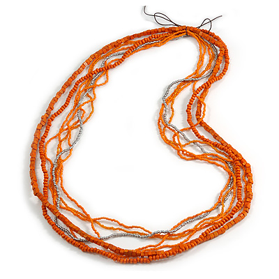 Long Multistrand Orange, Silver Glass/ Wood Bead Necklace - 100cm L