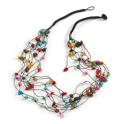 Multicoloured Nugget Multistrand Cotton Cord Necklace - 58cm L