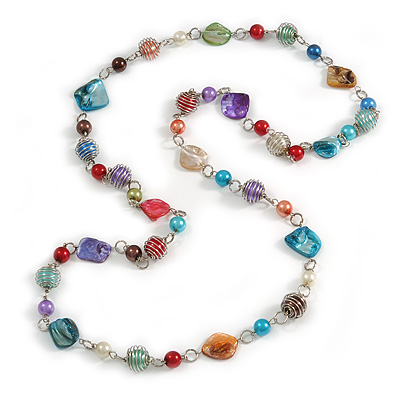 Long Multicoloured Glass and Shell Bead with Silver Tone Metal Wire Element Necklace - 120cm L - main view