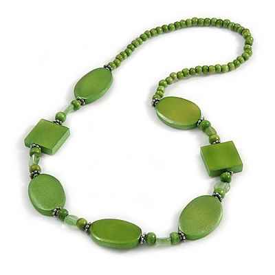 Lime Green Oval/ Square Wooden and Glass Beads Necklace - 64cm Long