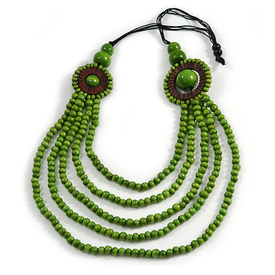 Layered Multistrand Lime Green Wood Bead Black Cord Necklace - 100cm L