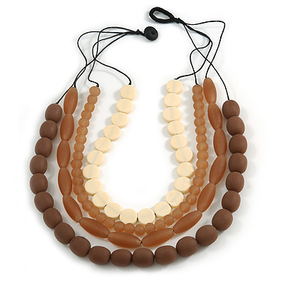 4 Strand Layered Resin Bead Black Cord Necklace In Coffee/ Amber Brown/ Cream - 66cm L