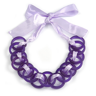 Contemporary Acrylic Ring Bib with Silk Ribbon Necklace in Purple - 46cm Long - main view