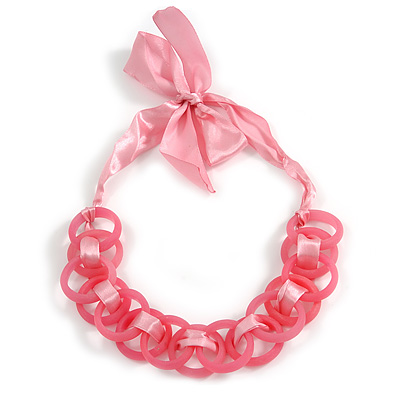 Contemporary Acrylic Ring Bib with Silk Ribbon Necklace in Pink - 46cm Long