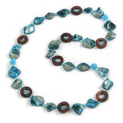 Teal Blue Shell, Brown Wood Ring and Light Blue Glass Beads Necklace - 80cm Long