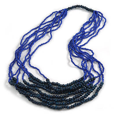 Statement Dark Blue Wood and Inky Blue Glass Bead Multistrand Necklace - 76cm L - main view