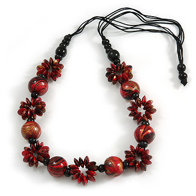 Long Red/ Black/ Gold Wood Floral Necklace On Black Cotton Cord - 84cm L Adjustable