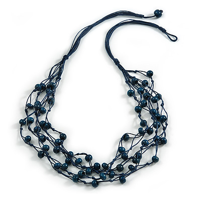 Dark Blue Wood Beaded Cotton Cord Necklace - 80cm Length - main view