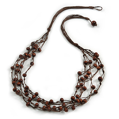 Multistrand Brown Wood Beaded Cotton Cord Necklace - 80cm Length - main view
