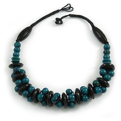 Teal/ Black Chunky Wood Bead Cotton Cord Necklace - 48cm Long - main view