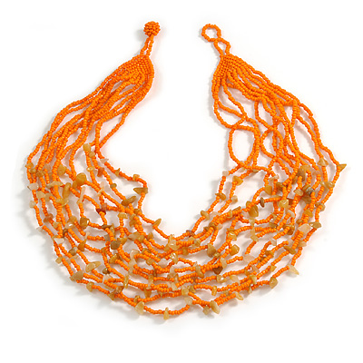 Bright Orange Glass Bead/ Semiprecious Stone Multistrand Necklace - 56cm Long