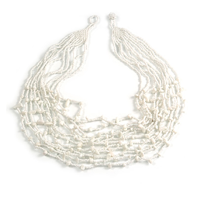 Snow White Glass Bead/ Semiprecious Stone Multistrand Necklace - 60cm Long