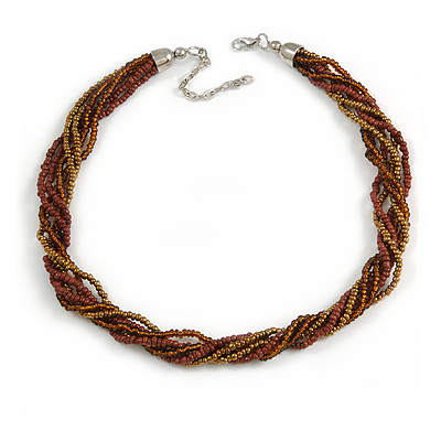 Brown/ Bronze Glass Multistrand Twisted Necklace - 45cm L/ 7cm Ext