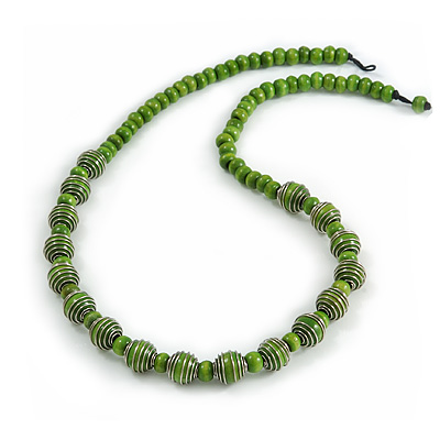 Lime Green Wood Bead with Silver Tone Wire Element Necklace - 66cm Length