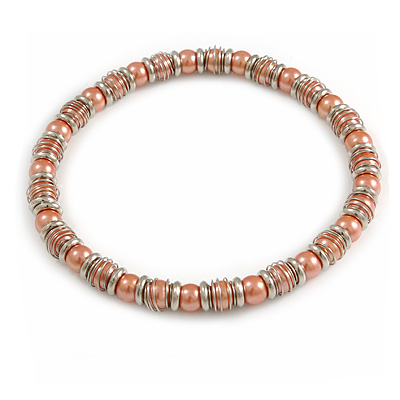 Peach Orange Acrylic Bead and Metal Ring Stretch Necklace In Silver Tone - 38cm L - main view