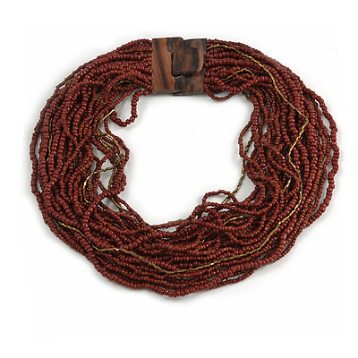 Statement Multistrand Brown Glass Bead Necklace with Wood Closure - 60cm Long - main view