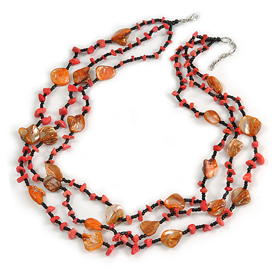 3 Strand Orange/ Black Glass, Shell Bead and Semiprecious Stone Necklace - 66cm Length