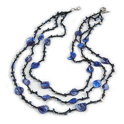 3 Strand Purple Blue/ Black Glass, Shell Bead and Semiprecious Stone Necklace - 68cm Length