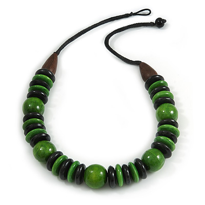Chunky Beaded Cotton Cord Necklace (Black & Green) - 64cm L