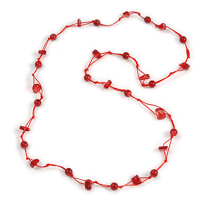 Delicate Ceramic Bead and Glass Nugget Cord Long Necklace In Red - 96cm Long