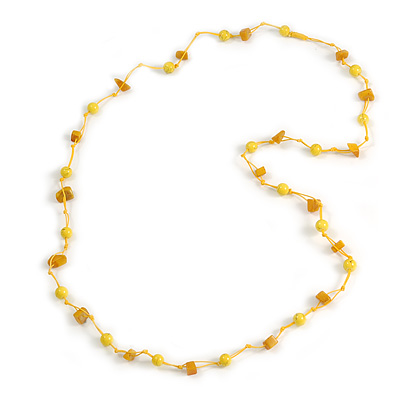 Delicate Ceramic Bead and Glass Nugget Cord Long Necklace In Yellow - 96cm Long