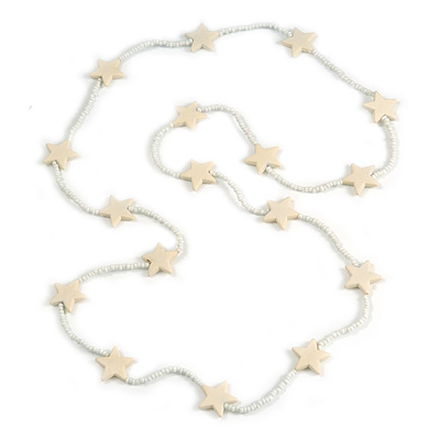 Long Acrylic Star Glass Bead Necklace in White/ Cream - 104cm Long