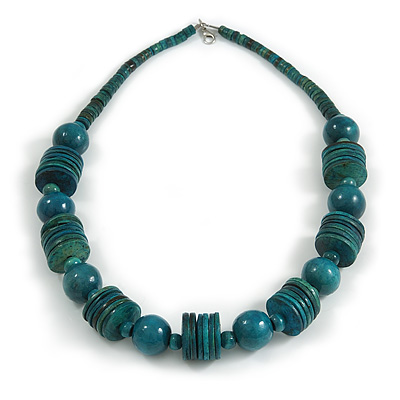 Teal Wood Button & Bead Chunky Necklace - 60cm Long