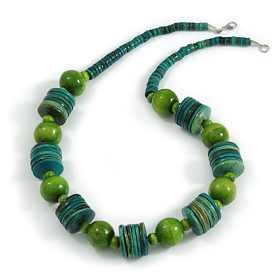 Green/ Lime Wood Button & Bead Chunky Necklace - 60cm Long - main view