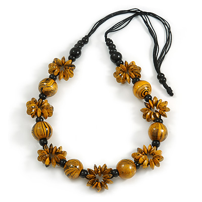 Long Yellow/ Black/ Gold Wood Floral Necklace On Black Cotton Cord - 84cm L Adjustable