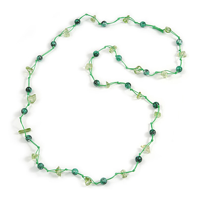 Delicate Ceramic Bead and Glass Nugget Cord Long Necklace In Green - 96cm Long