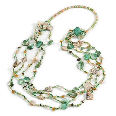 Long Multistrand Sea Shell/ Semiprecious Stone & Simulated Pearl Necklace in Green/ Antique White/ Brown - 100cm Length
