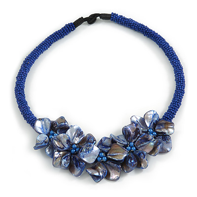 Stunning Glass Bead with Shell Floral Motif Necklace In Blue - 48cm Long - main view