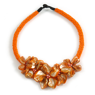 Stunning Glass Bead with Shell Floral Motif Necklace In Orange - 48cm Long
