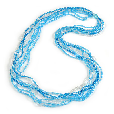 Long Multistrand Glass Bead Necklace In Shades of Blue/ Transparent - 86cm L
