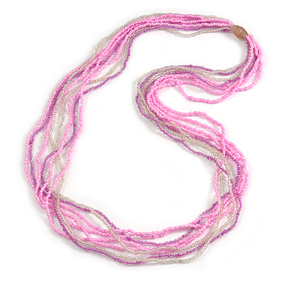 Long Multistrand Glass Bead Necklace In Shades of Pink/ Transparent - 86cm L