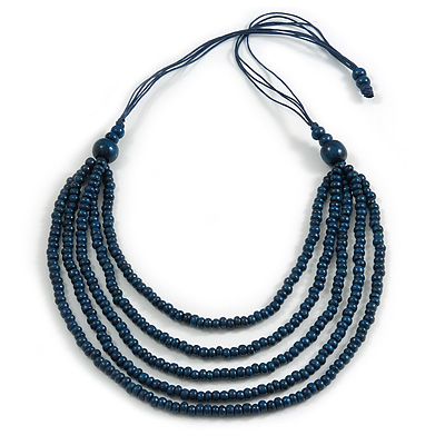 Dark Blue Multistrand Layered Wood Bead with Cotton Cord Necklace - 90cm Max length- Adjustable