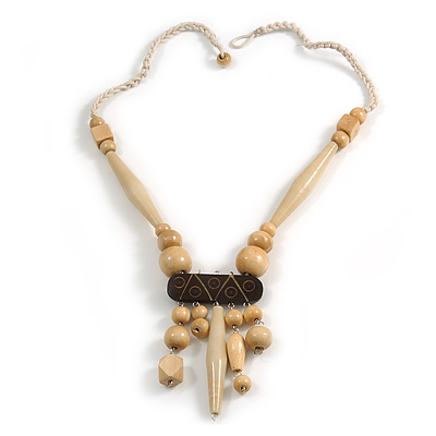 Tribal Wood/ Ceramic Bead Cotton Cord Necklace in Natural/ Brown - 60cm Long/ 10cm Long Front Drop