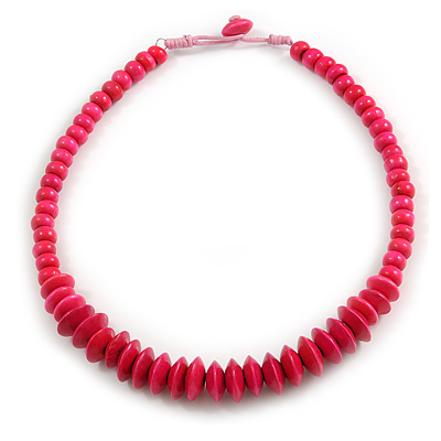 Deep Pink Button, Round Wood Bead Wire Necklace - 46cm L
