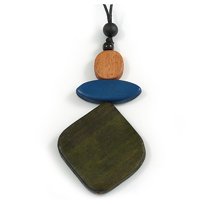 Green/ Blue/ Brown Geometric Wood Pendant with Black Waxed Cotton Cord - 86cm Long/ 10cm Pendant - main view