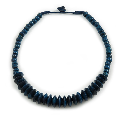 Dark Blue Button, Round Wood Bead Wire Necklace - 46cm L