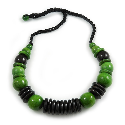 Statement Chunky Green/ Black Wood Bead with Black Cotton Cord Necklace - 60cm L - main view