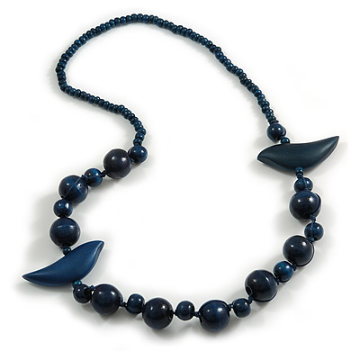Dark Blue Wood Bead Bird Long Necklace - 80cm Long - main view