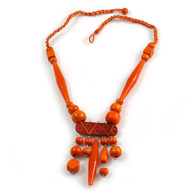 Tribal Wood/ Ceramic Bead Cotton Cord Necklace in Orange - 60cm Long/ 10cm Long Front Drop - main view