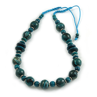 Teal Wood Bead Light Blue Cotton Cord Necklace - 80cm Max Length - Adjustable