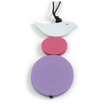 Lilac/ Pink/ White Wood Bird and Bead Pendant with Black Cotton Cord - Adjustable - 84cm Long/ 11cm Pendant